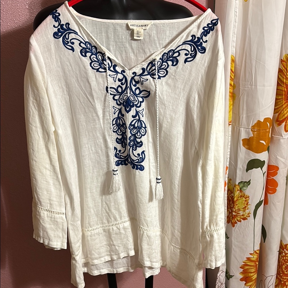 Artisan White and Blue Embroidered Women's Top